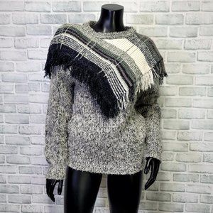 Vintage 80s Mariea Kim Size‎ M Knit Fall Sweater V Fringe Trim Boho Southwestern